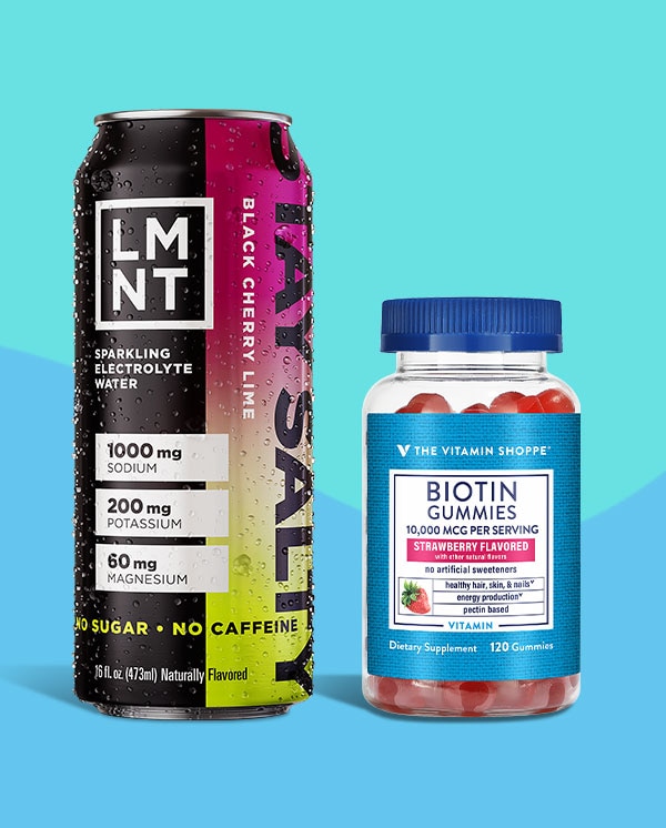 LMNT Sparkling Electrolyte Water and The Vitamin Shoppe® brand Biotin Gummies