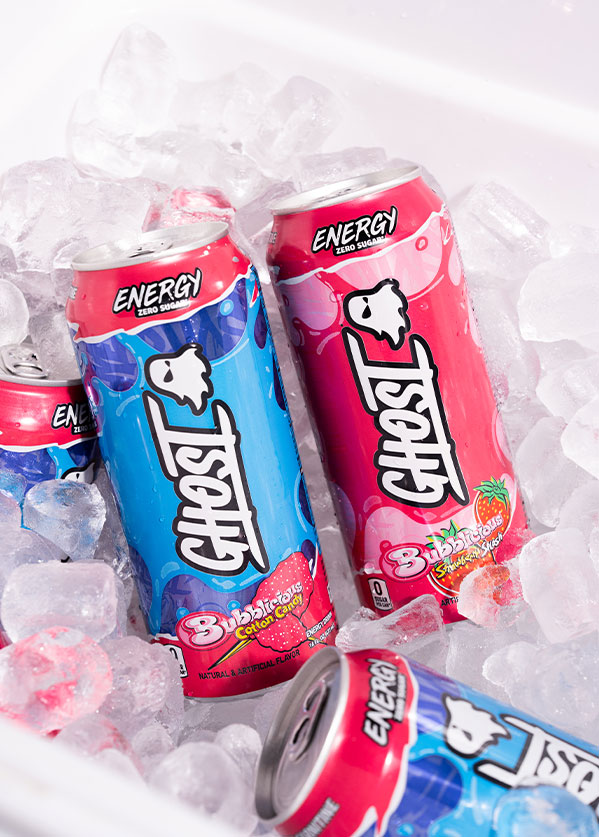 Ghost® x Bubblicious drinks in Strawberry Splash and Cotton Candy. Shop for these products.
