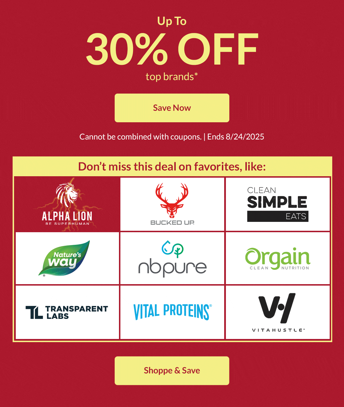 Upto 30% off top brands. save now. don't miss this deal on favorites. Shoppe and Save
